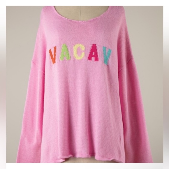 Miracle Sweaters - Miracle “VACAY” Pink Oversized Knit Sweater – Rainbow Letters (Size L)